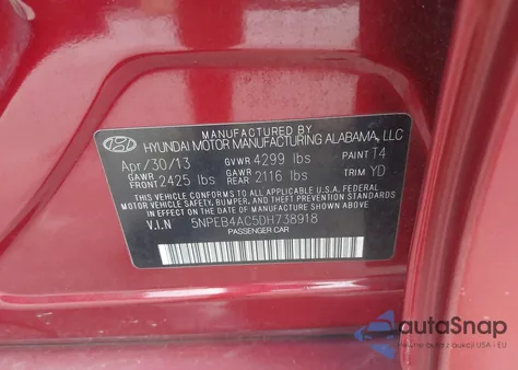 2013 Hyundai Sonata Gls z USA, uszkodzony, nr VIN 5NPEB4AC5DH738918